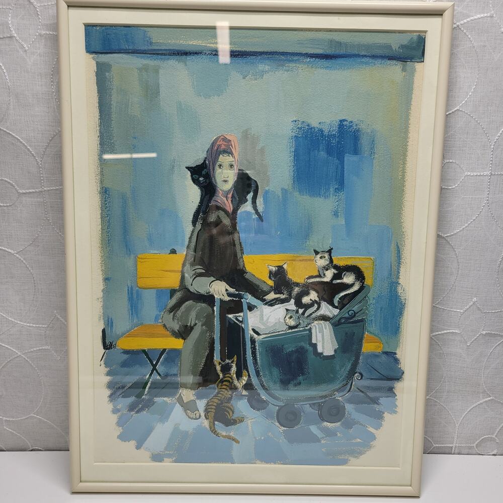 Vintage Cat Lady Painting 17"x13" Blue Woman Cats in Stroller Framed Original